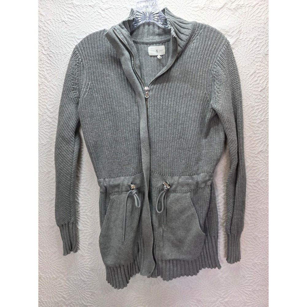 Lou & Grey Zip Cardigan Women XXS Petite Gray Excellent Drawstring Knit Sweater